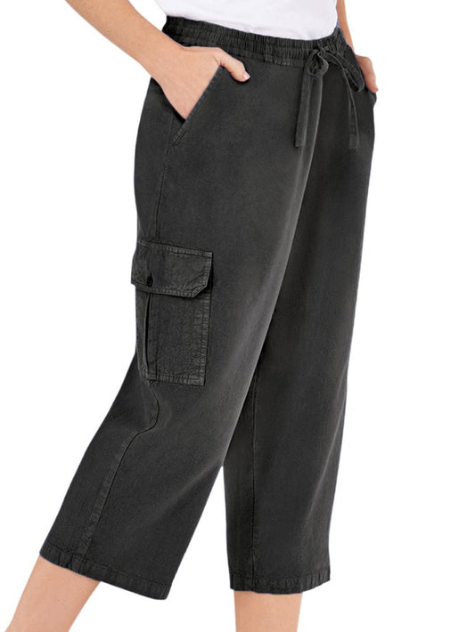 Women'S Elastic Stretch Waist Cargo Pocket Capri Pants Black XXX Large