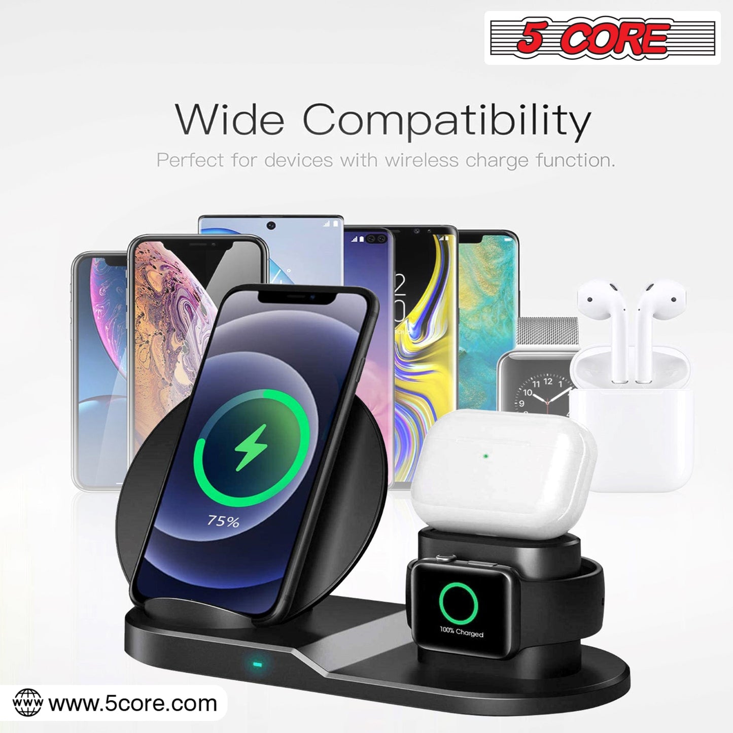 5 Core Wireless Charging Station 3 in 1 Wireless Charger Stand QI Fast Wireless Charging W Dual Coil for Samsung Iphone for Apple Watch Airpod -WCR 3