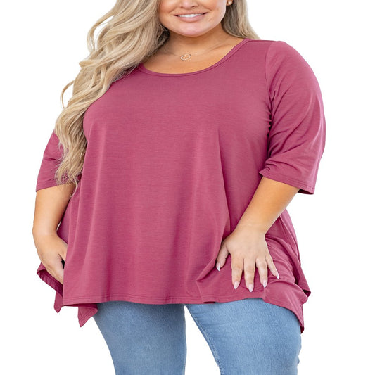 plus Size Women Top 3/4 Sleeve Clothes Purple Red 3X Blouse Swing Tunic Crewneck Loose Clothing Shirt for Leggings