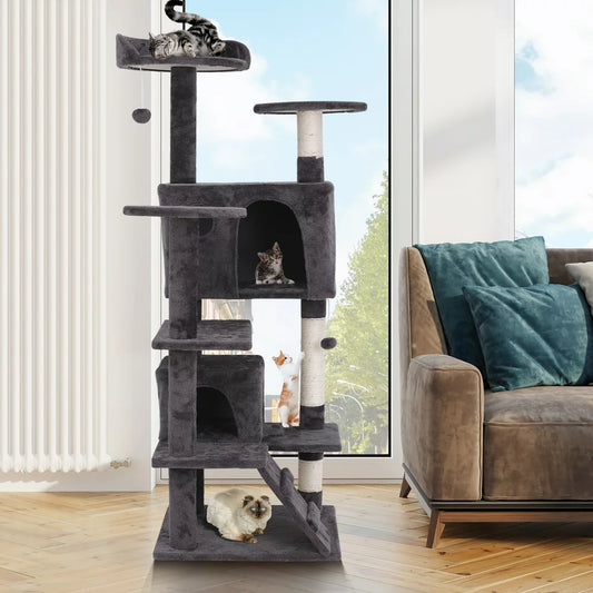 55-In Cat Tree & Condo Scratching Post Tower, Dark Gray